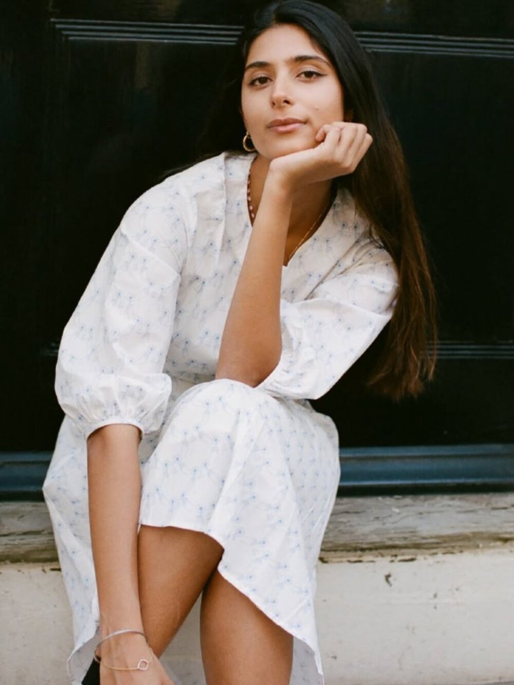 Twenty Seven Names White Blue Face Flower Print Long Sleeve Midi Dress Size 8